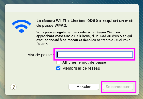 Fenêtre de connection au réseau Wifi sélectionné demandant le mot de passe